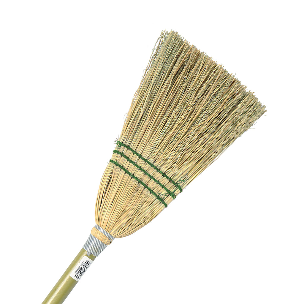 natural corn broom brush packaged with 2 silver wire and 2 blue strings with wooden handle with green globe packaing, Lobby Corn Broom, 3 String, FLOOR CLEANING, CORN BROOMS, 4004