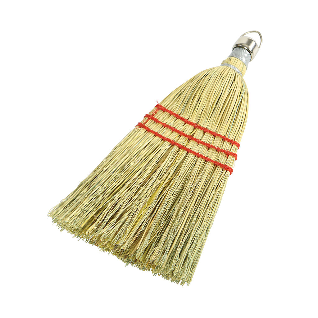 natural corn broom brush packaged with 2 silver wire and 2 blue strings with wooden handle, Corn Whisk, 3 Strings, FLOOR CLEANING, CORN BROOMS, 4003