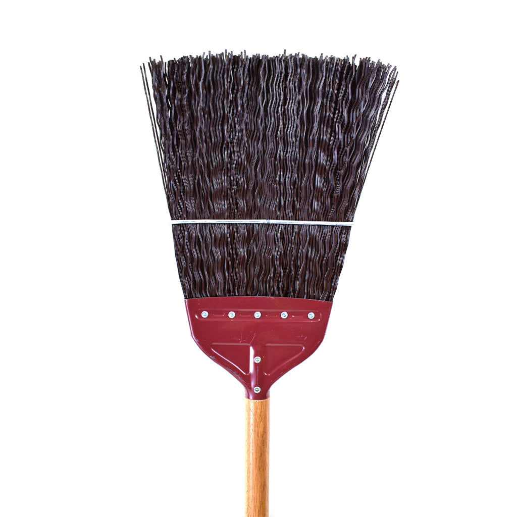 red metal head with black brissels with wooden handle close up, Railroad Track Broom With 48 Inch Handle, FLOOR CLEANING, CORN BROOMS, 3624