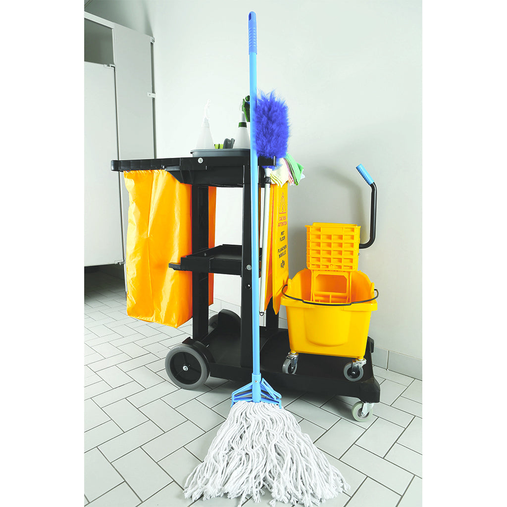black heavy duty plastic frame with shelf and handle holding yellow vinly bag with 4 wheels with black dustpan, grey carry caddy, wet floor sign, spray bottles, green gloves, pink microfiber cleaning cloth & yellow bucket and wringer and mop, Janitor'S Cart, SIZE, Standard, COLOR, Black, GENERAL CLEANING, CARTS, Best Seller, 3001