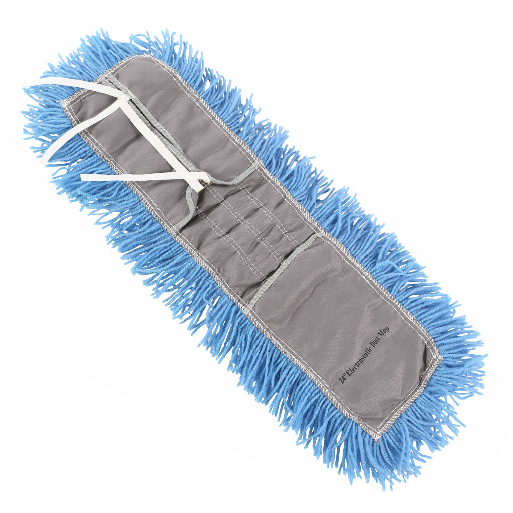 static cling dust mop close up back view tie on, Q-Stat® Electrostatic Blue Tie On Dust Mop Head, SIZE, 18 Inch X 5 Inch, FLOOR CLEANING, DUST MOPS, 3900,3901,3902,3903,3904
