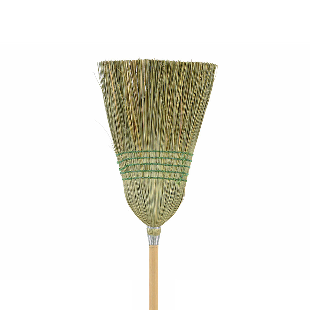natural corn broom brush packaged with 5 green wire strings and wooden handle close up, Housekeeper Corn Broom, Heavy-Duty 5 String, FLOOR CLEANING, CORN BROOMS, 4000
