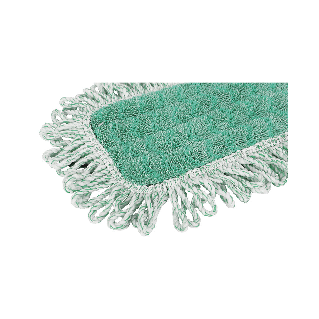 green mop pad with white and green twist fringe strands and dark green binding close up, Green Microfiber Dry Pad With Fringe, SIZE, 18 Inch, MICROFIBER, FLOOR PADS, 3320, 3324,3336,3340,3360