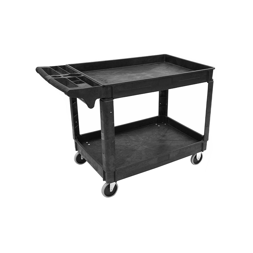 large 2 level black cart with wheels and handle with tool compartment and holders built in, Heavy-Duty Lipped Utility Cart, SIZE, Large / 550 Lbs / 46 3/4 Inch L X 25 1/2 Inch W X 33 1/2 Inch H, MATERIAL HANDLING, HEAVY-DUTY UTILITY CARTS, 5801