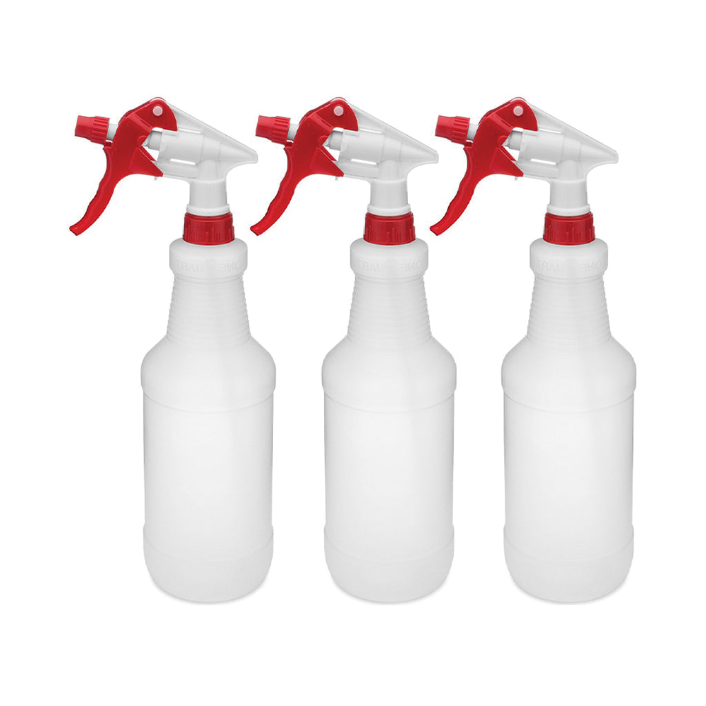 3 red spray trigger and bottle next accent with white body and bottle with measuremnts, Sprayer Set Bottles With Graduations, SIZE, 8 Inch Tube With 24 Oz Bottle / 32 Packs of 3 / Poly Bagged, COLOR, Red, GENERAL CLEANING, TRIGGERS PUMPS & BOTTLES & CAPS, COVID ESSENTIALS, 3570