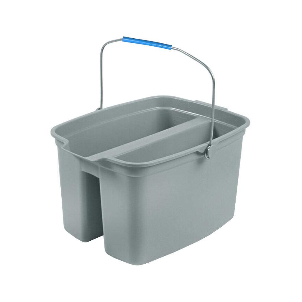 grey double compartment bucket with silver wire handle with blue hand handle, 15 Qt Double Bucket Utility Pail, GENERAL CLEANING, PAILS & BUCKETS, 3675