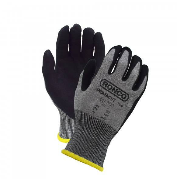 PrimaCut™ Cut-Resistant Gloves, Series: 69-990, S/SZ 7 Size, HPPE Palm,  Latex Coating, HPPE, Black/Gray, Paired Hand, HPPE Lining, Seamless Cuff,  Elastic Wrist Closure, 230 mm Length, ANSI Cut-Resistance Level: A6,  Resists: Abrasion