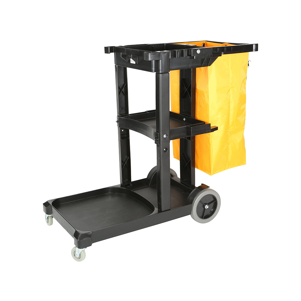 black heavy duty plastic frame with shelf and handle holding yellow vinly bag with 4 wheels, Janitor'S Cart, SIZE, Standard, COLOR, Black, GENERAL CLEANING, CARTS, Best Seller, 3001