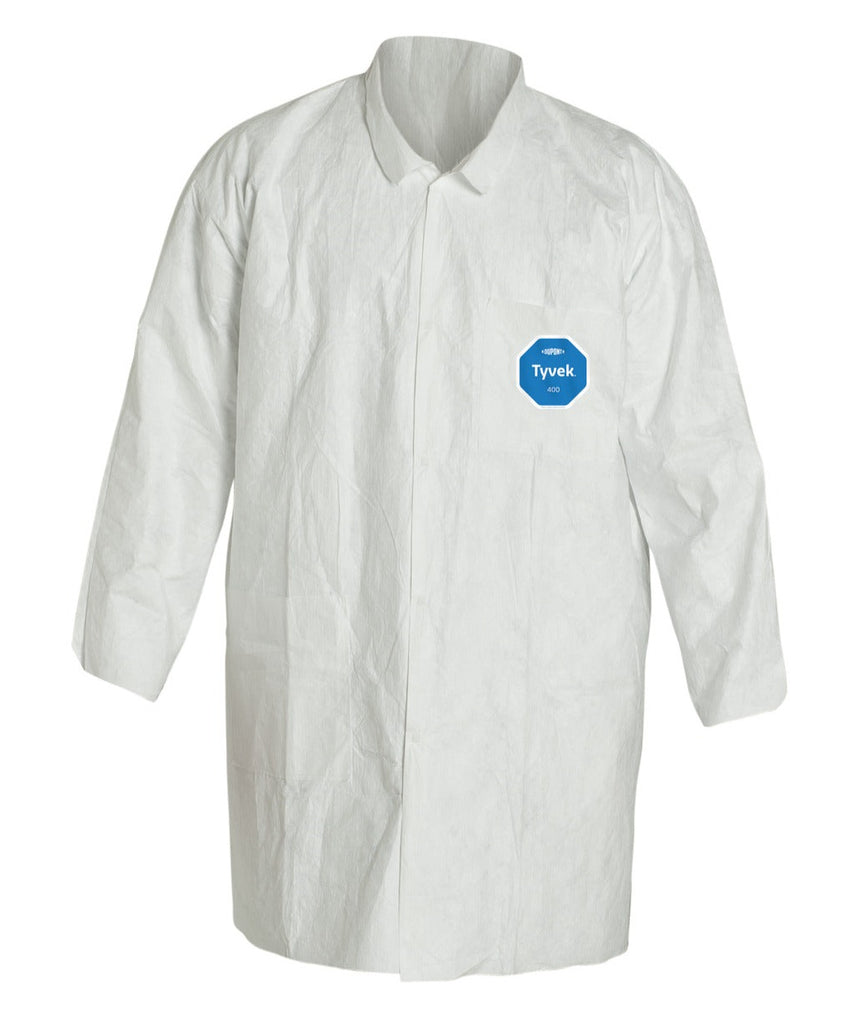 Lab Coat - DuPont Tyvek® 400 Collar, Open Wrists, Extends Below Hip, Front Snap Closure, 2 Pockets, Serged Seams, White TY212S - Hansler Smith