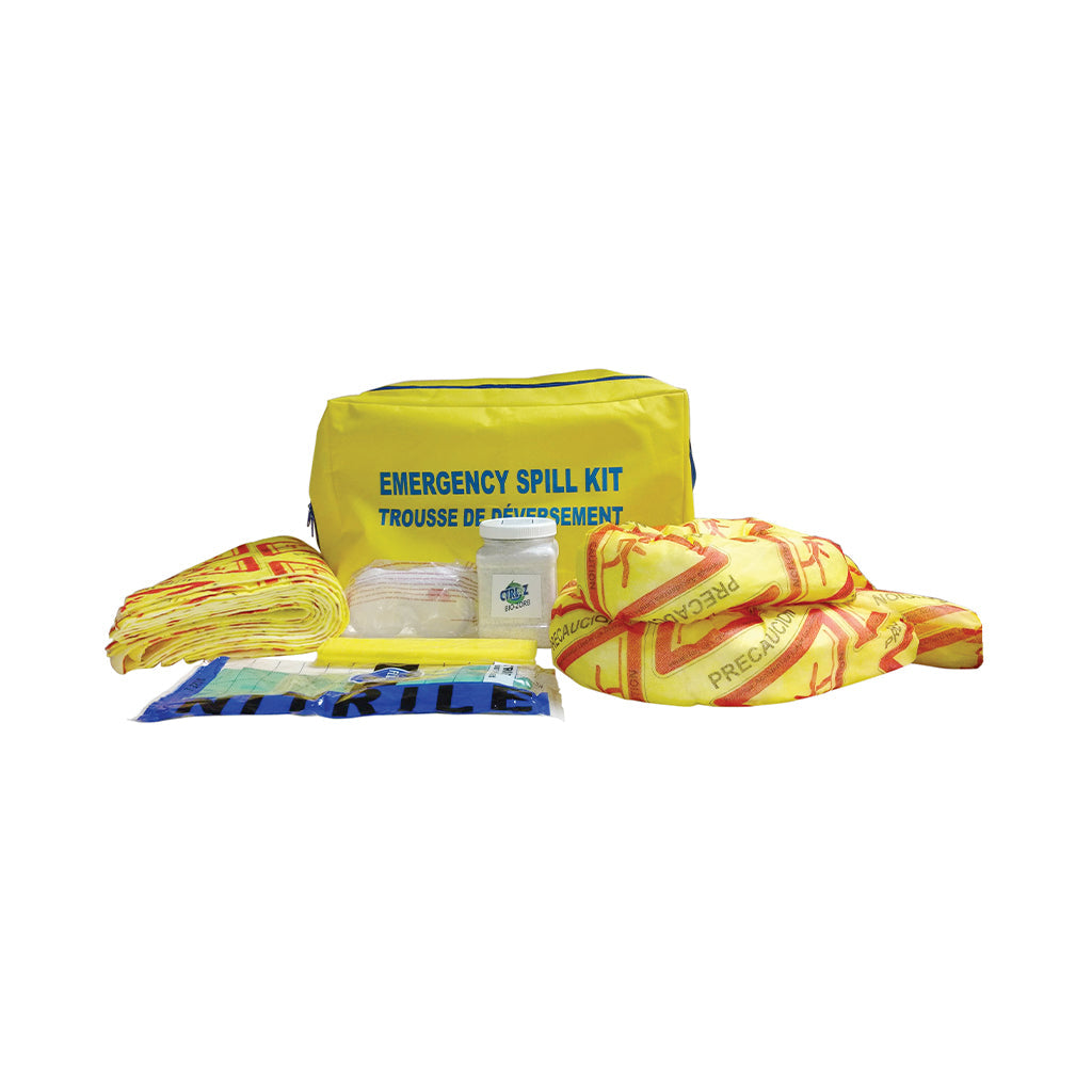Zipper yellow bag, 10 Hi-Vis Caution Pads, 10 Hi-Vis Caution socks 3? x 42, 1 nitrile gloves, 15 oz Body Fluid Solidifer and Absorbent, splash goggle, Emergency Response Spill Kit With Bio-Zorb, SAFETY, EMERGENCY RESPONSE KITS, 7510