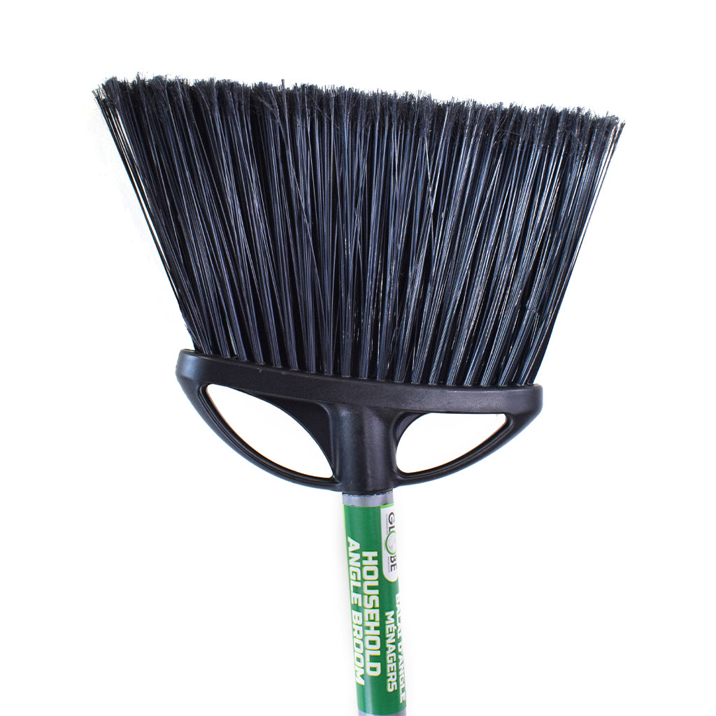 angled brush head with black brissels and metal handle with green globe label, Angle Broom Wtih 48 Inch Metal Handle, SIZE, Regular 10 Inch, FLOOR CLEANING, ANGLE BROOMS, 4010