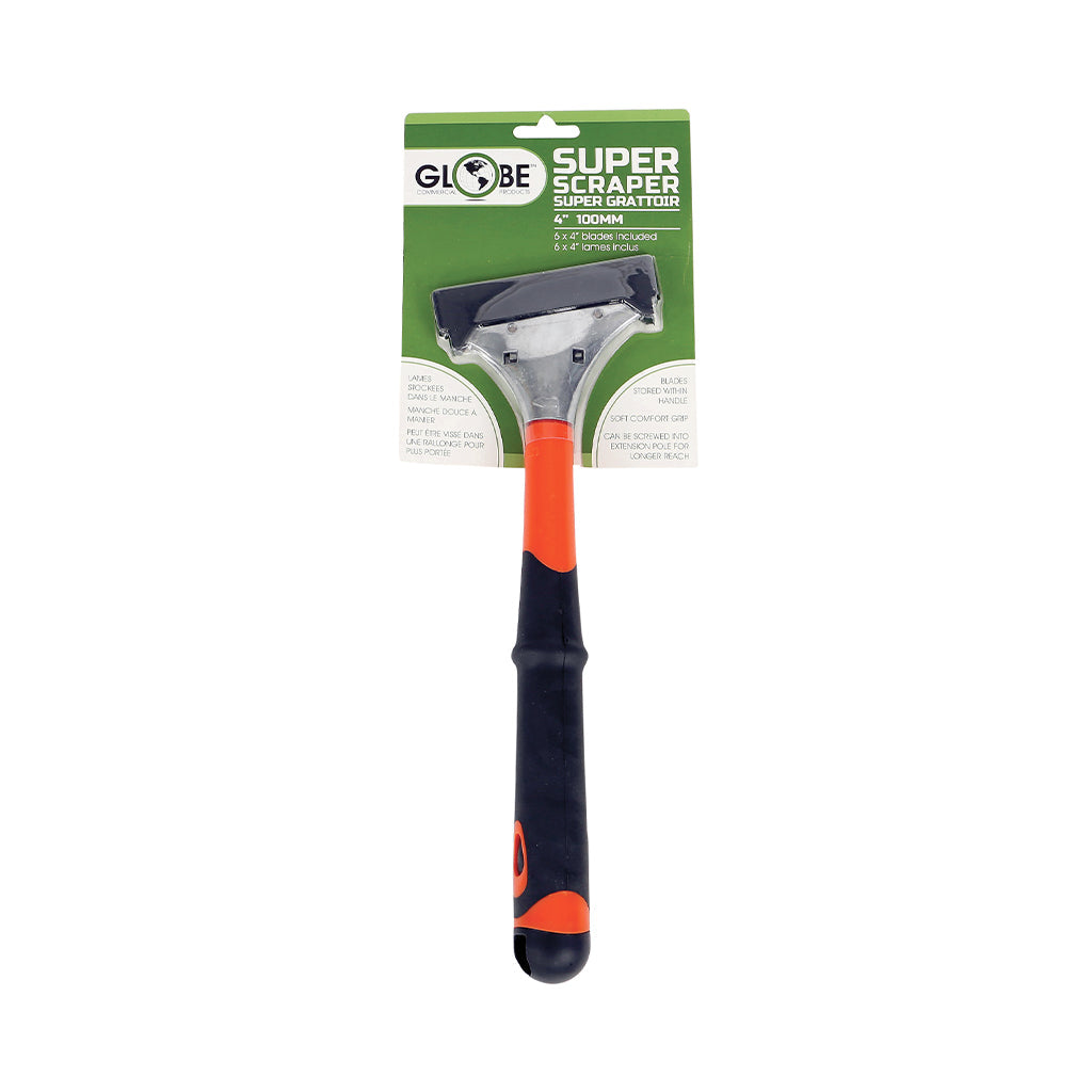 4 inch crapper with orange and black grip and globe green packaging, 4 Inch Heavy Duty Scraper, RELATED, Blister Packed 12 Inch Long Handle / 6 Scraper Blades, GENERAL CLEANING, SCRAPERS, 4200,4201