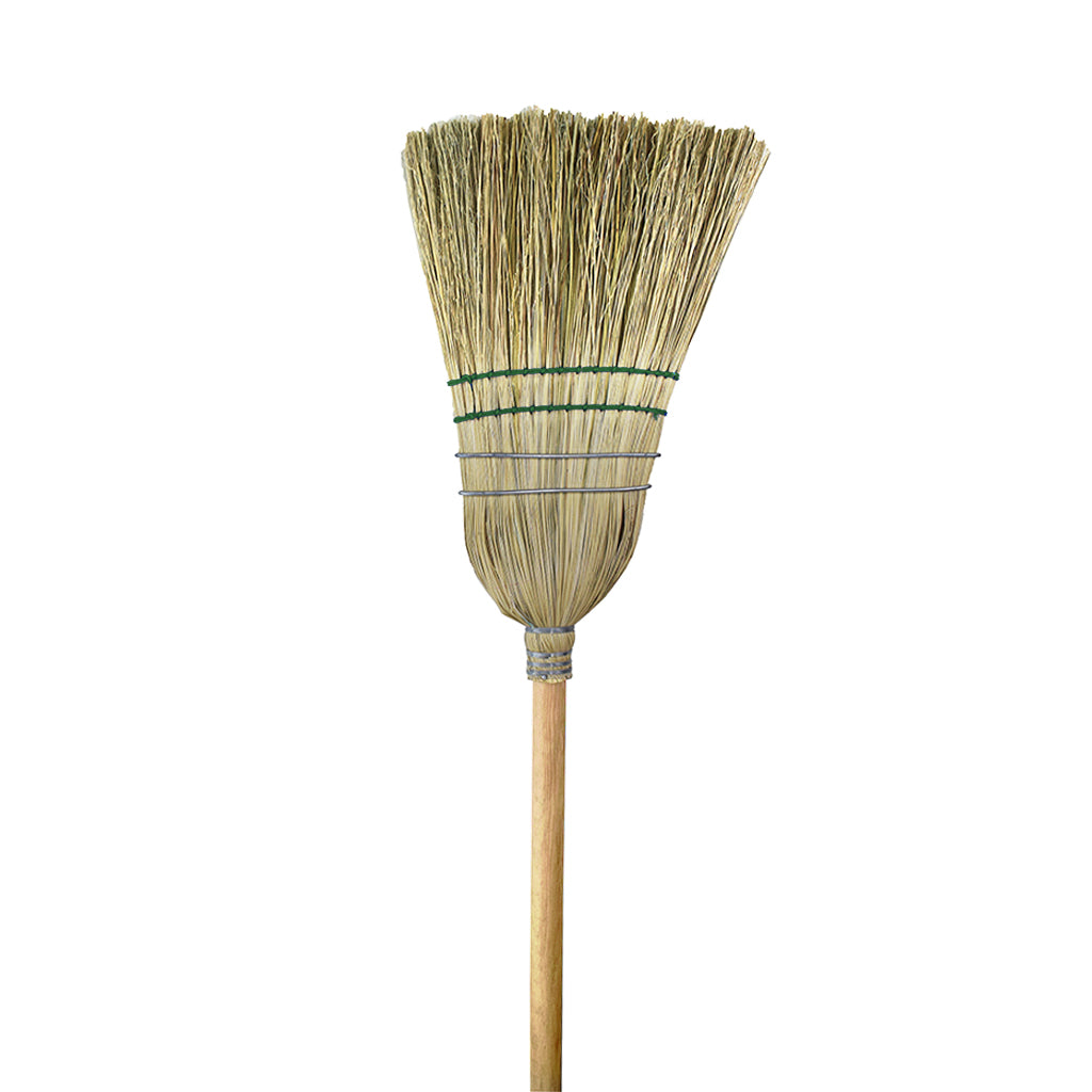 natural corn broom brush packaged with 2 silver wire and 2 blue strings with wooden handle, Heavy-Duty Corn Broom, 2 Wire 2 String, FLOOR CLEANING, CORN BROOMS, 4002