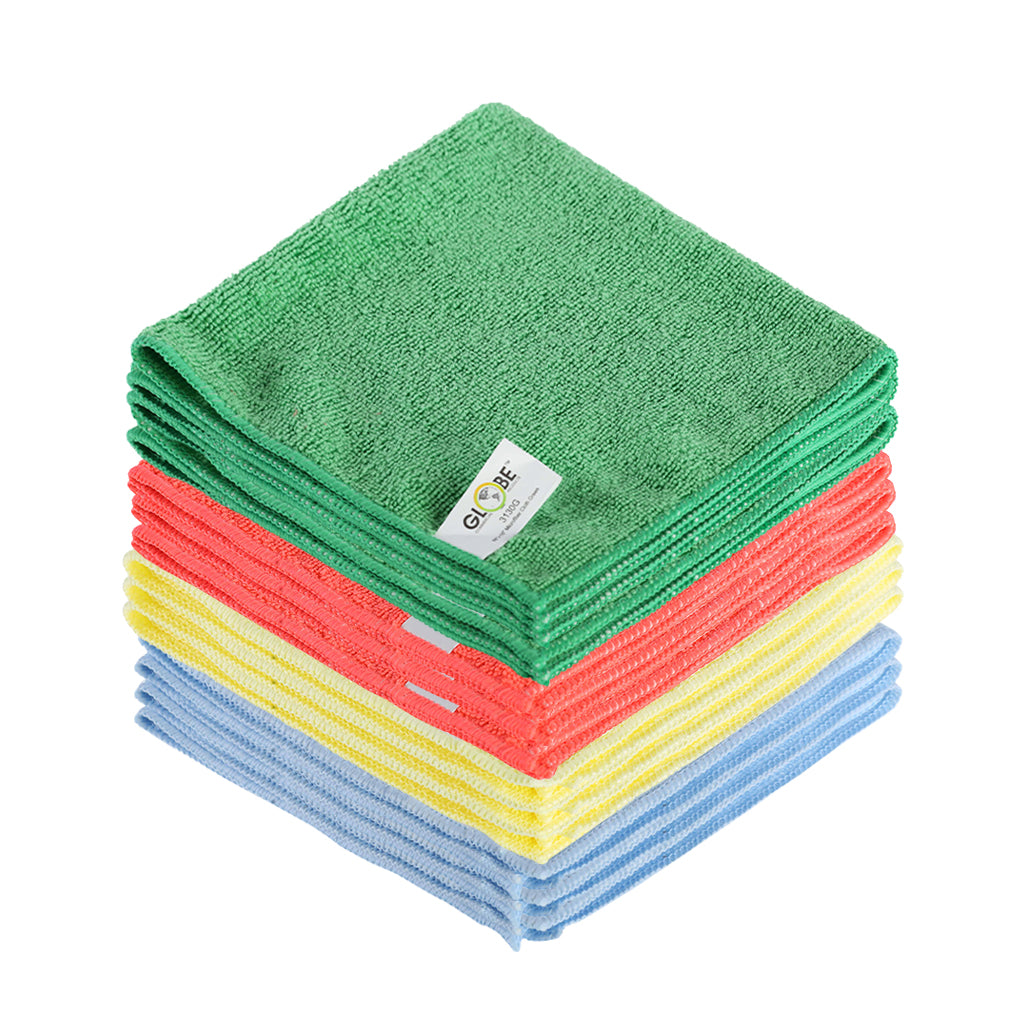 assorted pack yellow, blue, green, red, 16 Inch X 16 Inch 240 Gsm Assorted Retail Microfiber Cloths, Package, 12 Pack, MICROFIBER, CLOTHS, NEW, 3199