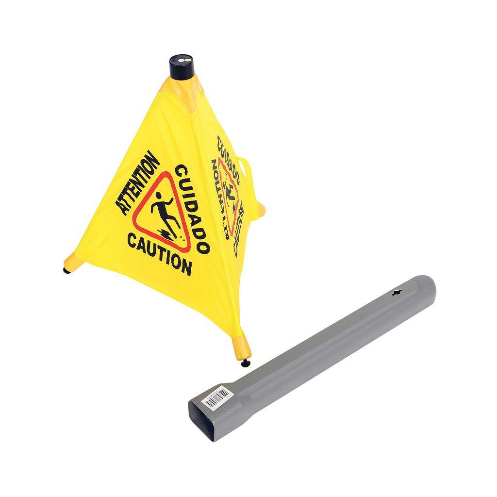 yellow triangular pyramid floor sign with grey storage pole pipe, Pop-Up Safety Cone With Storage Tube, SAFETY, SIGNS, 7114