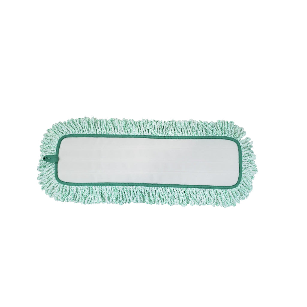 green mop pad with white and green twist fringe strands and dark green binding backing view, Green Microfiber Dry Pad With Fringe, SIZE, 18 Inch, MICROFIBER, FLOOR PADS, 3320, 3324,3336,3340,3360