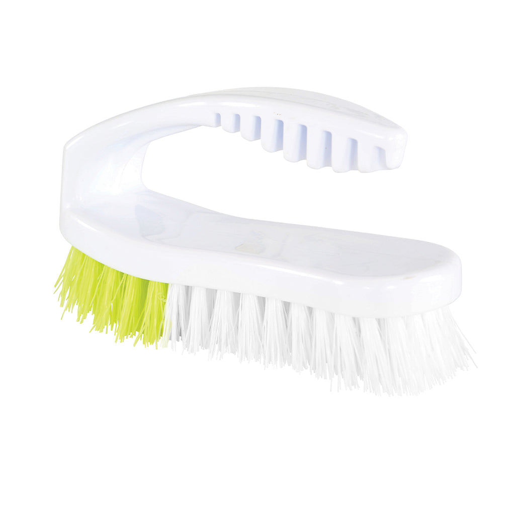 white brush head with curved handlewith lemon yellow and white brissels, 6 Inch Synthetic Iron Handle Scrub Brush, GENERAL CLEANING, BRUSHES, 4005