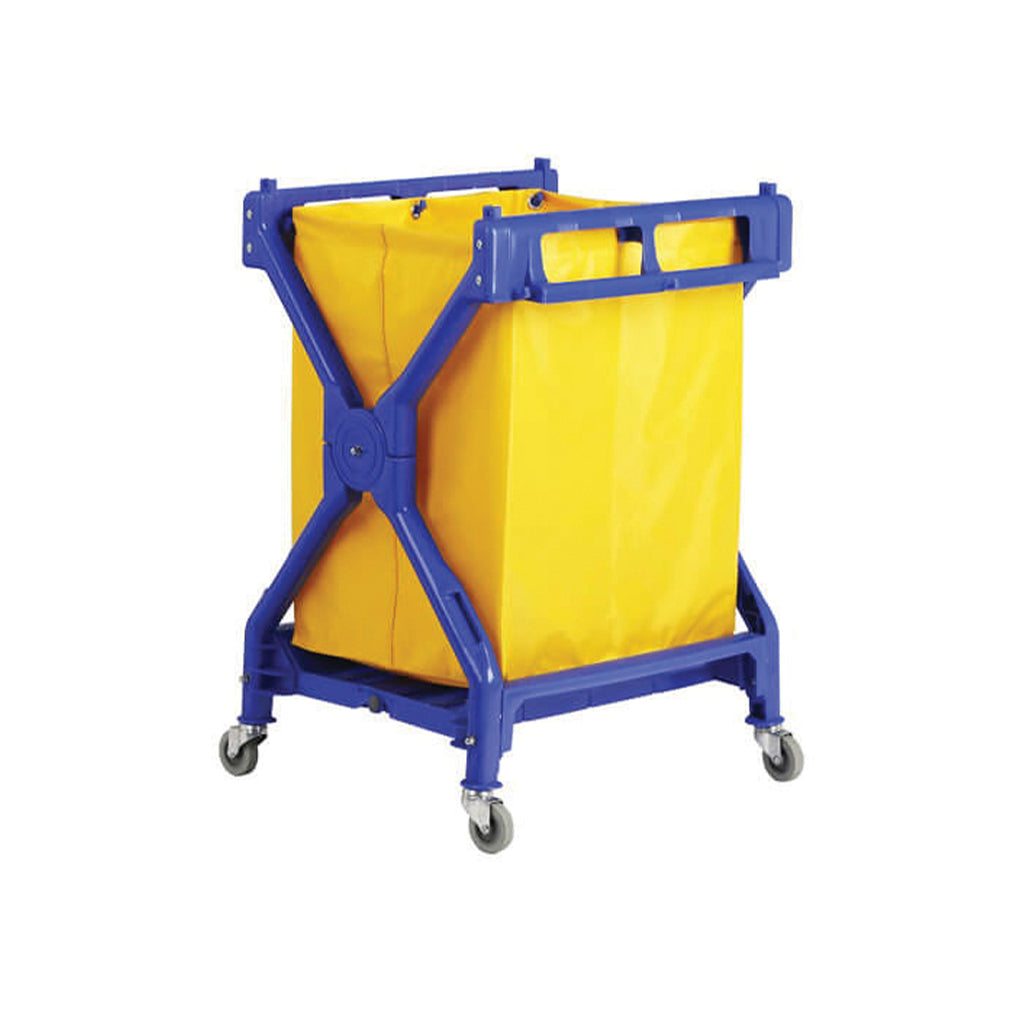 blue x frame with wheels with yellow cubed cart bag, Plastic X- Frame Cart, RELATED, Cart With Bag, GENERAL CLEANING, CARTS, 5195