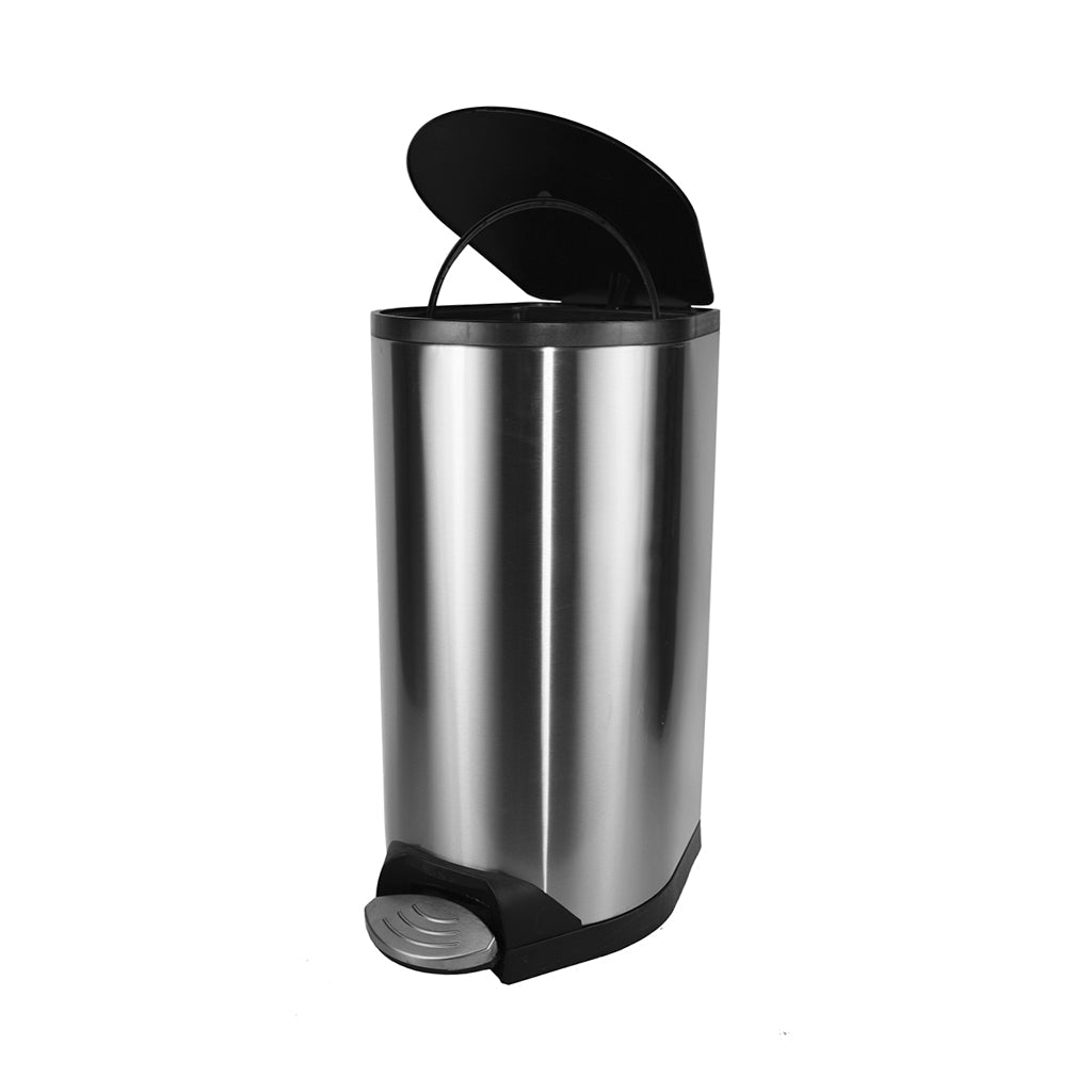 silver and black bin with open lid, Step On Container Stainless Steel With Soft Close Lid, SIZE, 10 L, WASTE, STEP-ON CONTAINERS, 9682,9683,9684