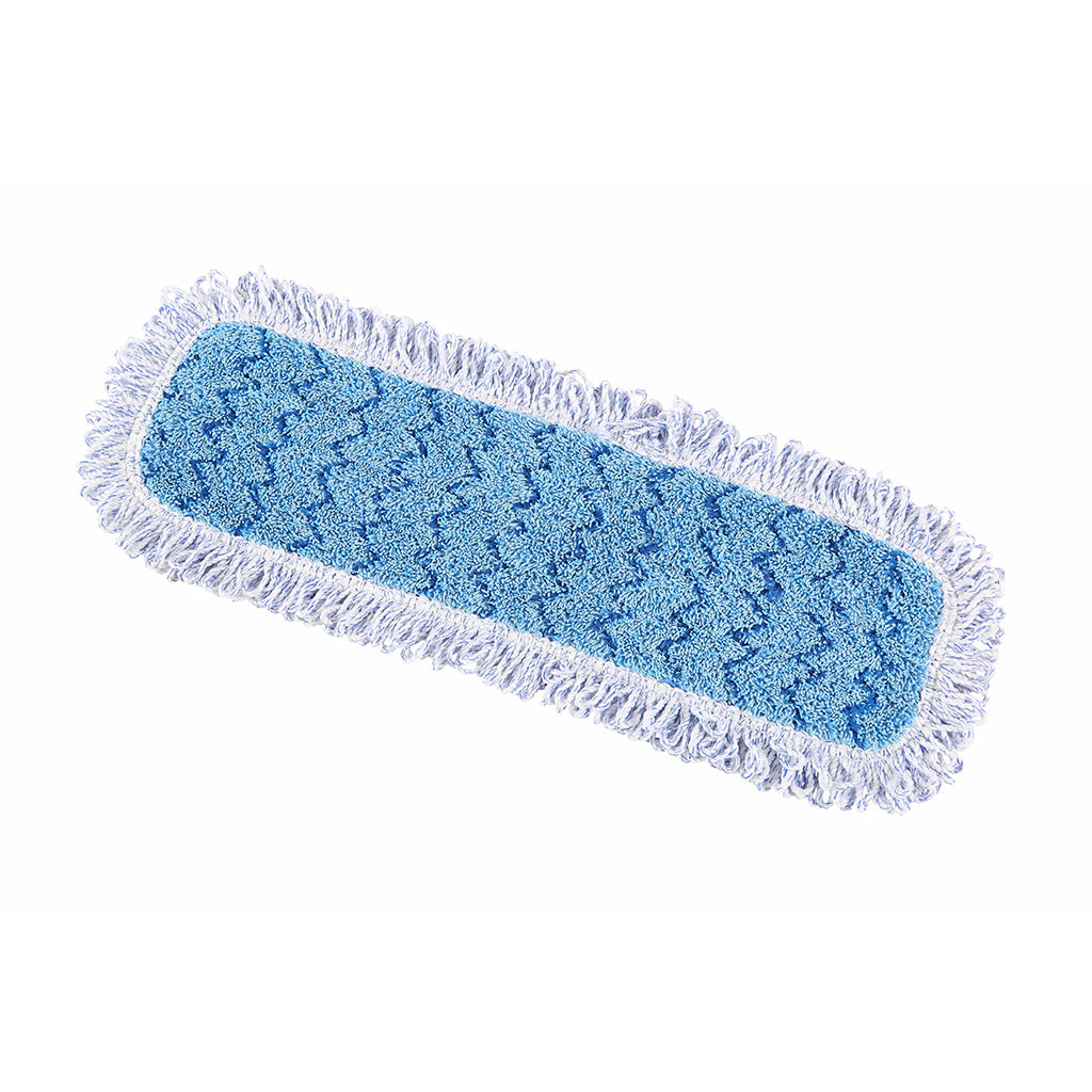 blue and white mope with white and blue twist fringe front view, Blue Microfiber Wet Pad With Fringe, SIZE, 18 Inch, MICROFIBER, FLOOR PADS, 3327