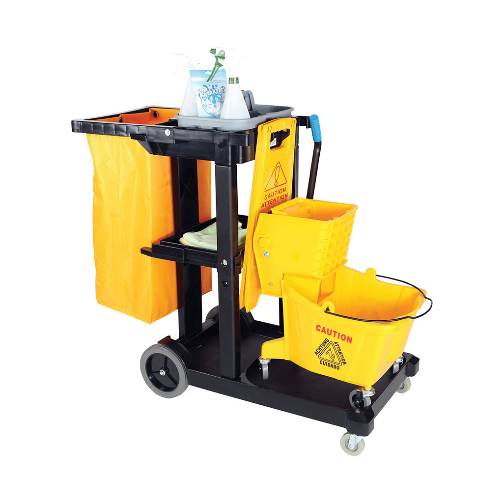 black heavy duty plastic frame with shelf and handle holding yellow vinly bag with 4 wheels with black dustpan, grey carry caddy, wet floor sign, spray bottles, green gloves, pink microfiber cleaning cloth & yellow bucket and wringer and mop, Janitor'S Cart, SIZE, Standard, COLOR, Black, GENERAL CLEANING, CARTS, Best Seller, 3001