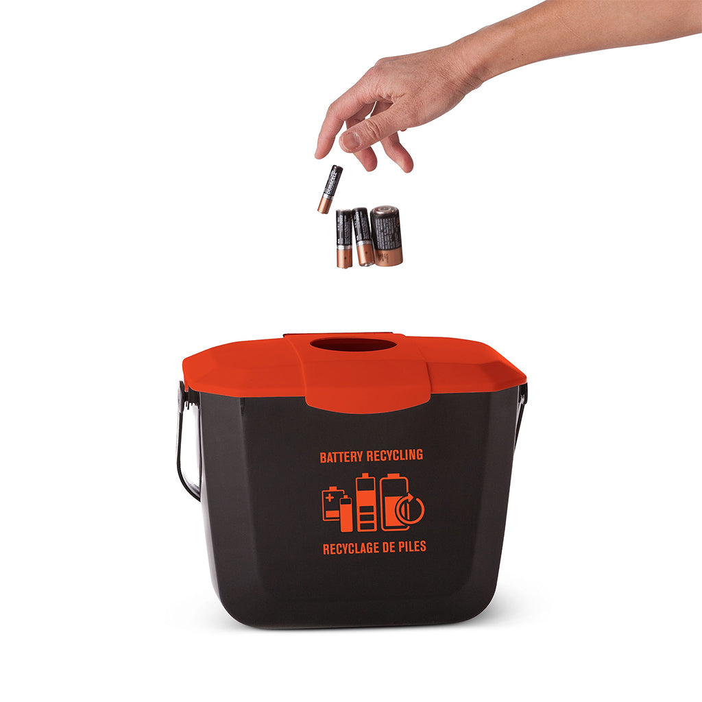 hand throwing batteries in red and black bin with black handles, 2 Gallon Battery Collection Bin, WASTE, BATTERY BINS, 9309
