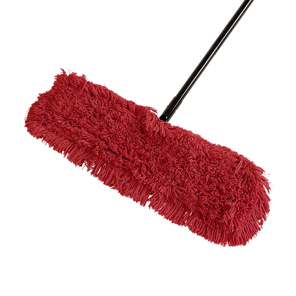 static cling dust mop close up 48inch x 5inch red tie-on top view with handle, Pro-Stat® Red Tie-On Dust Mop Head, SIZE, 18 Inch X 5 Inch, FLOOR CLEANING, DUST MOPS, 3100R, 3101R,3102R,3103R,3110R