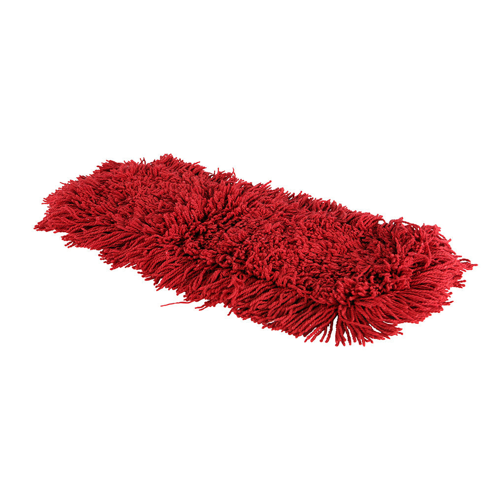 static cling dust mop close up 48inch x 5inch red tie-on top view, Pro-Stat® Red Tie-On Dust Mop Head, SIZE, 18 Inch X 5 Inch, FLOOR CLEANING, DUST MOPS, 3100R, 3101R,3102R,3103R,3110R